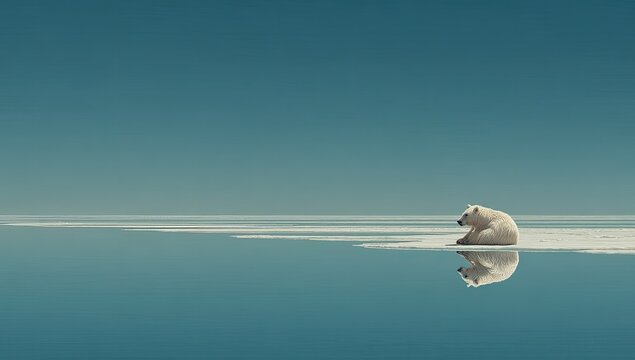 Solitary polar bear on a sliver of ice, reflecting in calm water. Vast expanse of blue sky and water