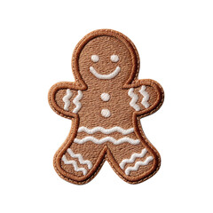 Gingerbread cookie embroidered patch with festive details on a black background.