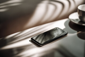 smartphone rests elegantly on minimalist coffee table surrounded by fresh cup of coffee