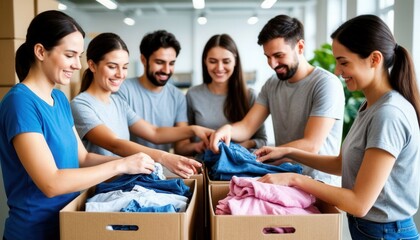 Cheerful volunteers in neutral t‑shirts sorting donated clothes in cardboard boxes under bright indoor light. Perfect for charity campaigns, community outreach, and International Volunteer Day visuals