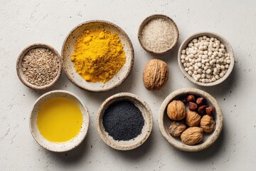 Small bowls of various spices, grains, and nuts on a light surface
