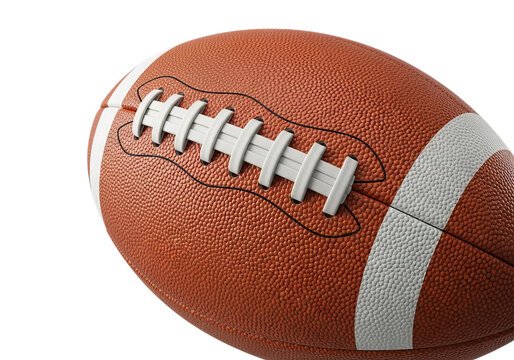 Close up of a textured american football ball with white laces ready for game play on a dark surface