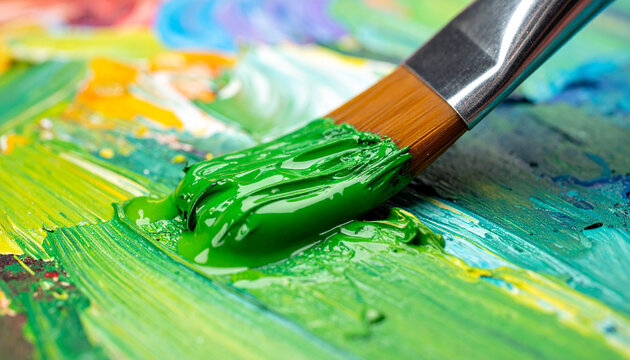 Paintbrush dipped in thick oil paint resting on colorful palette, rich textures of green pigments.