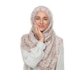 Expressing pain young woman with headache isolated on transparent background