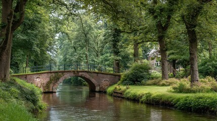 Fototapeta premium Rustic bridge over canal in lush garden