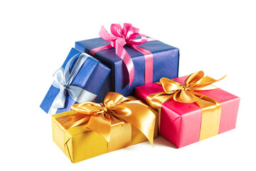 Elegant blue, gold and pink gift boxes with bows isolated on white background.