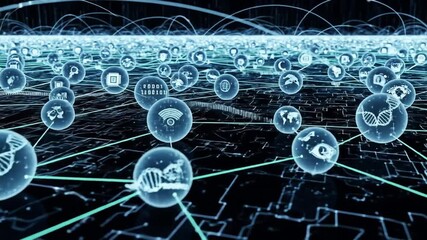 Digital network of luminous spheres with icons on a dark background - Powered by Adobe