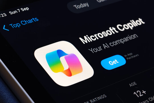 Microsoft Copilot App Store listing on iPhone highlights AI productivity assistants integrated into Microsoft software. Stafford, United Kingdom, August 7, 2024