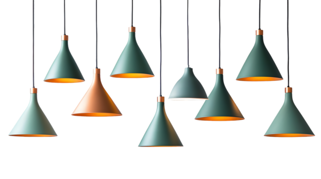 Stylish collection of minimalist pendant lighting fixtures isolated on a transparent background