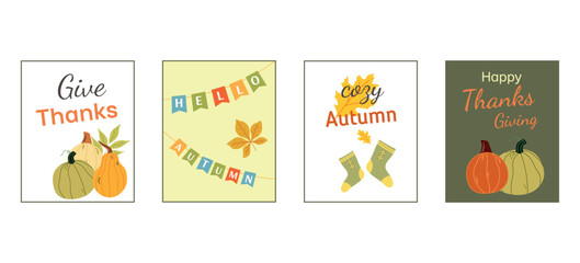 Set of minimalistic flat autumn mood posters with autumn leaves, pumpkins and warm  socks. Пreeting cards on Thanksgiving day. 