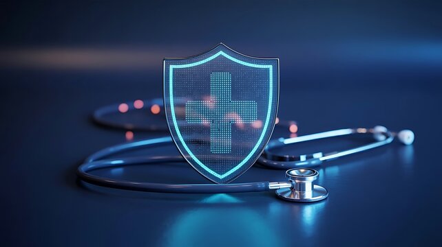 Medical Technology Security Concept Featuring Stethoscope and Digital Shield