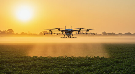 Fototapeta premium Agricultural drone sprays pesticides on a lush green crop field during a beautiful sunset, showcasing smart farming innovation