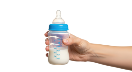 a tender hand, offering nourishment infants milk bottle, symbol of care and new life, isolated on transparent background