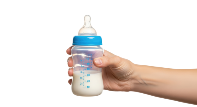 a tender hand, offering nourishment infants milk bottle, symbol of care and new life, isolated on transparent background - Powered by Adobe
