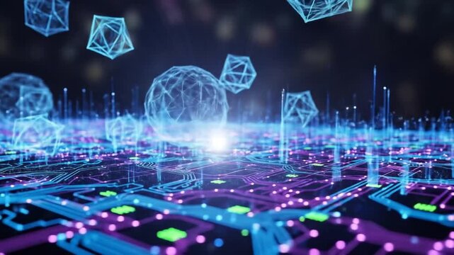 Glowing geometric shapes hover above a circuit board