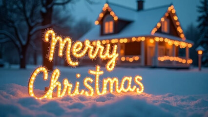 'Merry Christmas' neon and decorated house in the background