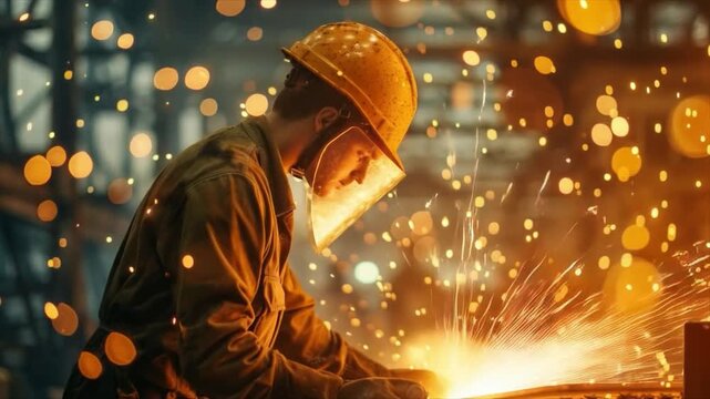 A worker wearing protective clothing and a mask performs welding work in a factory, sparks flying. Ideal for articles on industry, occupational safety, production processes, and vocational training.
