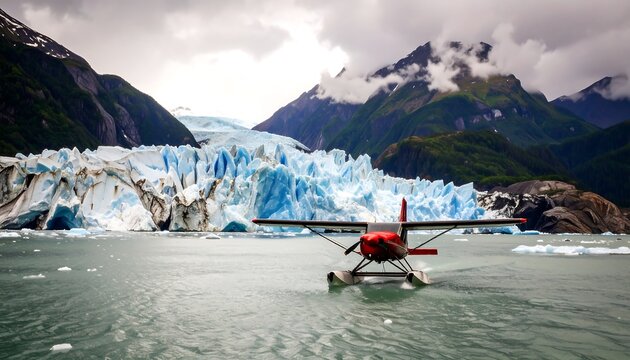 A small red seaplane approaches a glacier-filled fjord - Powered by Adobe