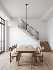 A dinning room with a wooden table and stairs isolated on white background.