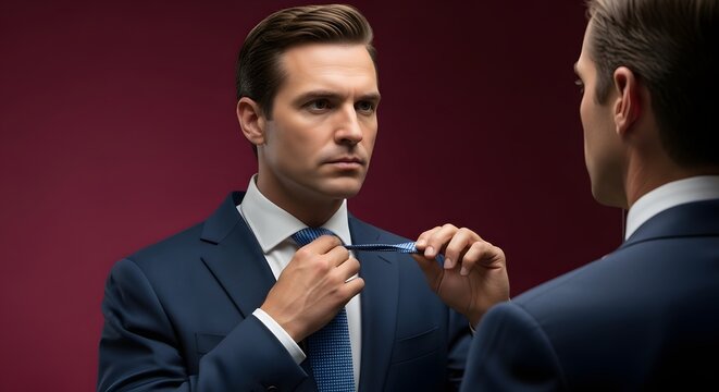 Serious and handsome young businessman in a sharp formal suit adjusting his blue tie while looking at his reflection in the mirror