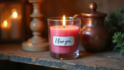 Pink candle with 'I love you' tag