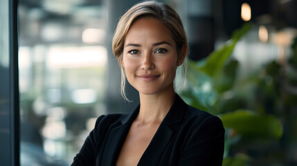 Fototapeta premium Eine junge schöne europäische Geschäftsfrau steht in einem Büro und lächelt selbstbewusst in die Kamera, Portrait