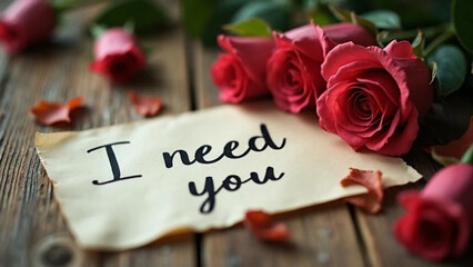 'I need you' note and red roses