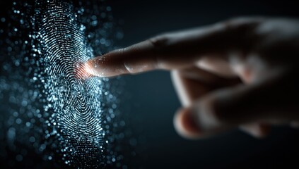 A fingertip interacts with a digital fingerprint graphic