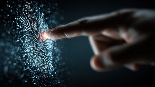 A fingertip interacts with a digital fingerprint graphic