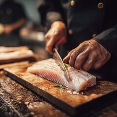 Chef Prepares Fresh Fish Fillet with Precision in Professional Kitchen
