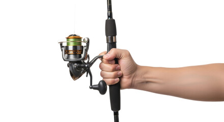 awaiting the catch anglers hand firmly gripping fishing rod, ready for action, isolated on transparent background