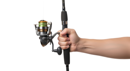 awaiting the catch anglers hand firmly gripping fishing rod, ready for action, isolated on transparent background