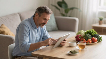 Realistic stock photo of patient tracking cholesterol results at home with healthy diet choices for atherosclerosis prevention