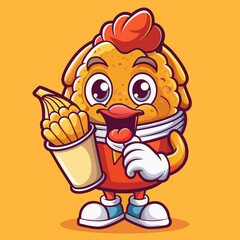 Cute pencil mascot enjoys eating fried chicken