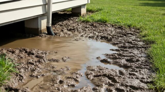 Muddy water near house foundation after heavy rain, Erosion and water damage around a home's foundation causing flooding