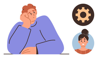 Person resting on hand in deep thought, alongside a profile image and gear icon. Ideal for concepts thumbs up teamwork, brainstorming, career growth, collaboration, decision-making, creativity