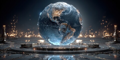 A futuristic, digitally rendered globe of Earth, centered on a metallic, intricate platform, bathed in warm, glowing lights
