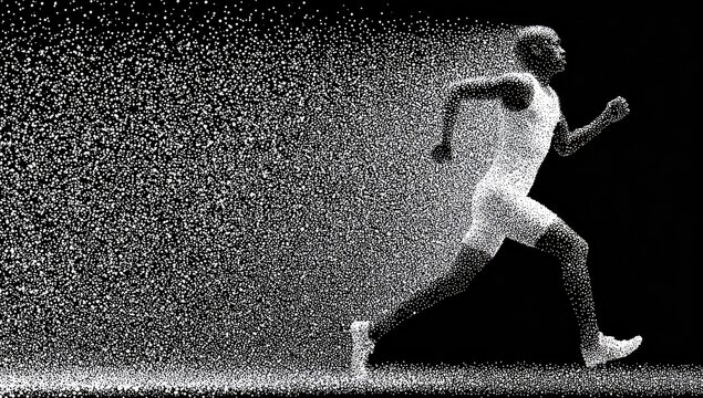 A runner in motion, with particles trailing