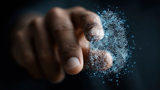 Close-up of a hand touching a digital fingerprint overlay
