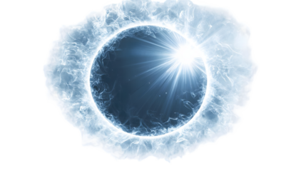 The edge of a solar eclipse. Blue bright star and shimm isolated on a transparent background