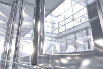 Obraz premium Bright modern interior with polished chrome pillars and large windows, reflecting light.