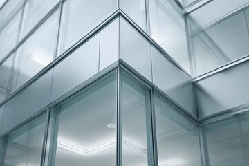 Abstract view of a modern building's glass facade with sleek geometric lines and reflections.