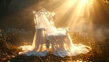 A chair of crystal holding an invisible figure, fabric folds glowing softly as if occupied by magical human spirit, surreal enchanted setting