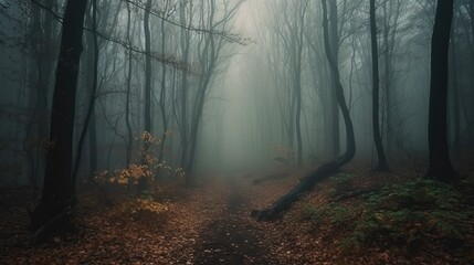 Fototapeta premium Misty forest path, shrouded in an ethereal mist