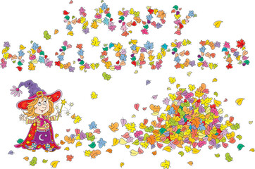 Happy Halloween card with a cute little witch waving a magic wand and writing her greeting with colorful leaves from a large pile of fallen autumn leafage, vector cartoon illustration