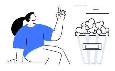 Person sitting with hand pointing upward, symbolizing a thought or idea, alongside a large bucket of popcorn. Ideal for creativity, relaxation, brainstorming, entertainment, leisure, communication