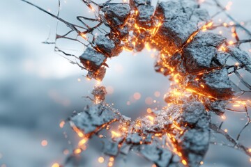 Dynamic abstract explosion of dark rocky fragments with intense glowing energy.