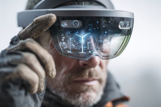 Engineer using augmented reality headset to visualize wind turbine farm data.