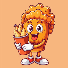 Pencil cute mascot eats fried chicken happily
