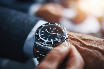 A sophisticated gentleman checking the time on his luxurious, classic silver wristwatch.